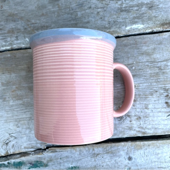 Ranmaru Japan Stoneware Mug Pamona Peach 14oz Pink Gray Embossed Rings - Picture 1 of 6